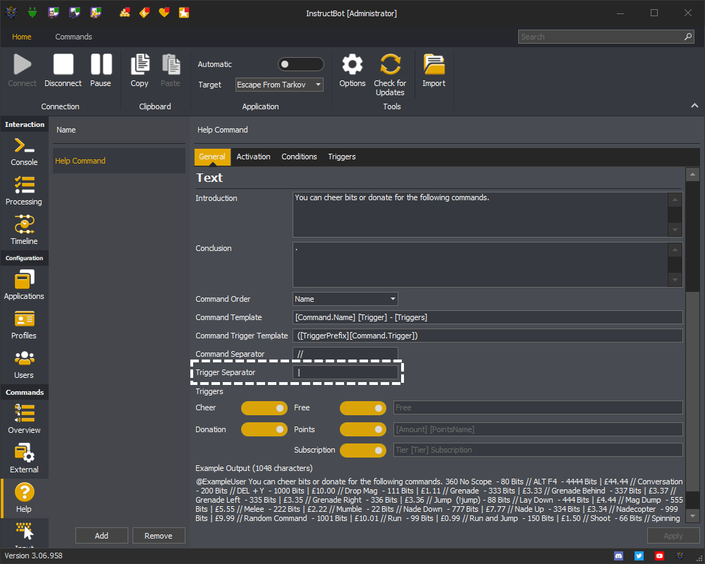 InstructBot showing trigger separator of a help command.