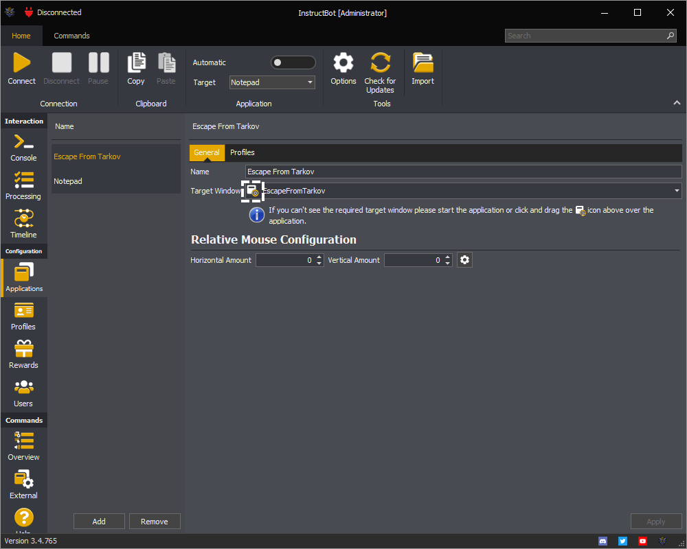 InstructBot application screen showing the target window selection icon.