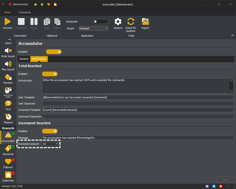 Example showing the increment amount of the accumulator in InstructBot.