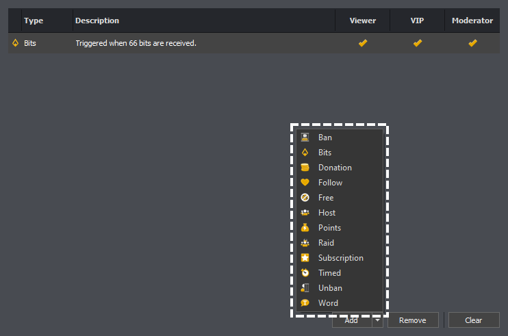 Triggers editor showing the types of triggers which can be added in InstructBot.