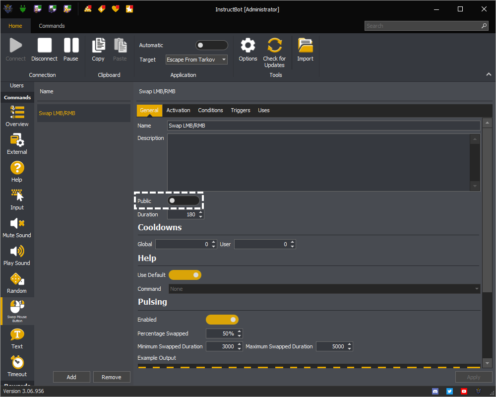 InstructBot showing the public toggle button of a command.