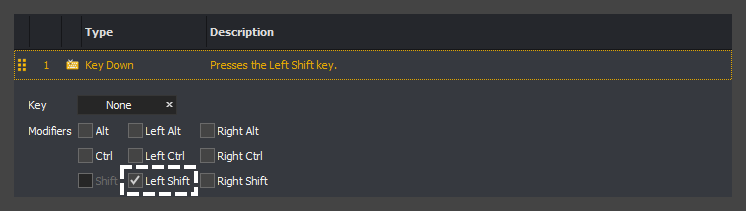 Showing an example of the left shift modifier selected within the editor of a key down action of an input command in InstructBot.