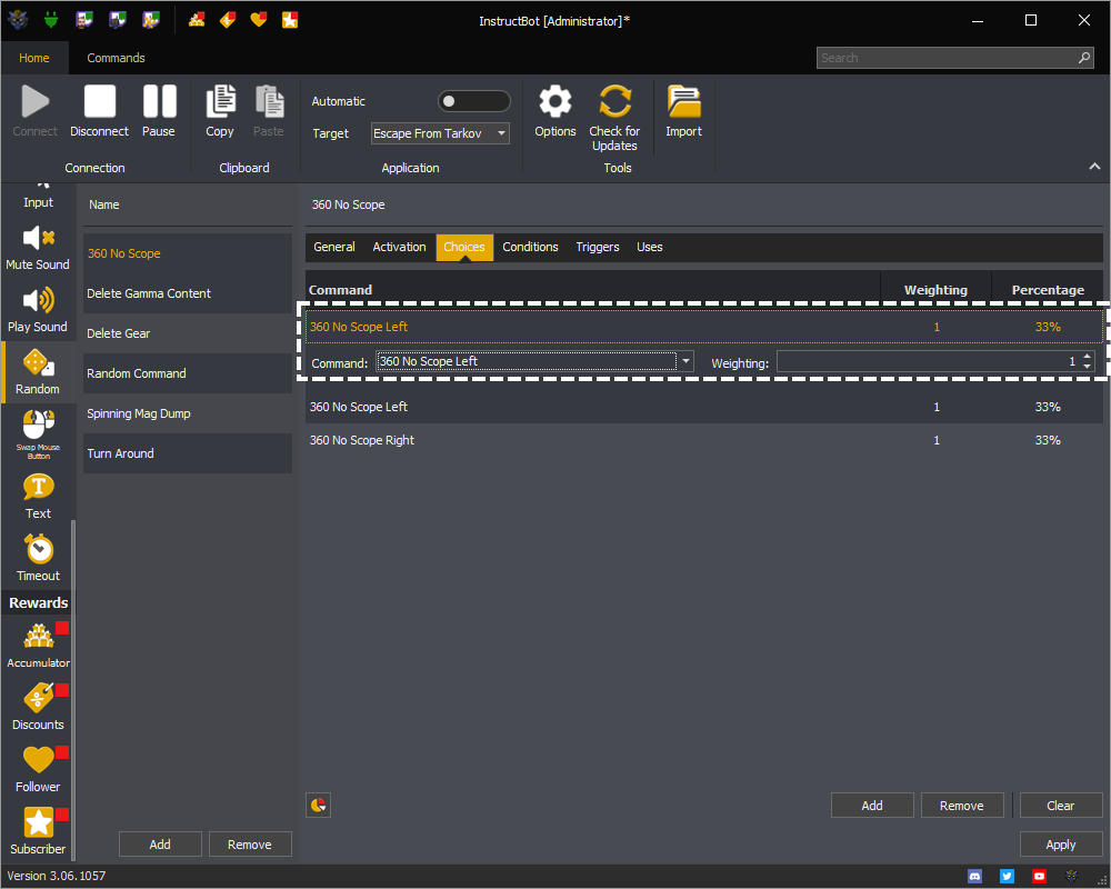 InstructBot showing example of a new choice row for a random command.