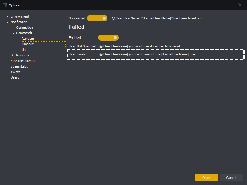 InstructBot options showing the timeout command failed notification when a user is invalid.