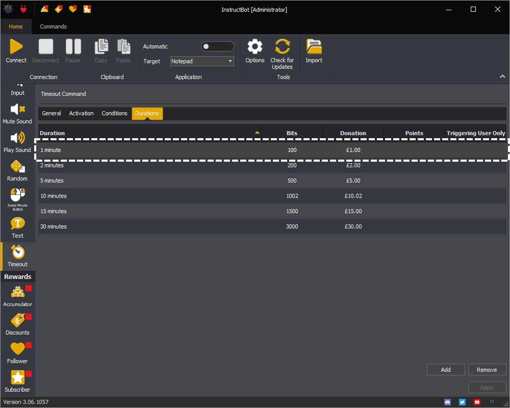 InstructBot showing an example of a 1 minute duration for a timeout command.