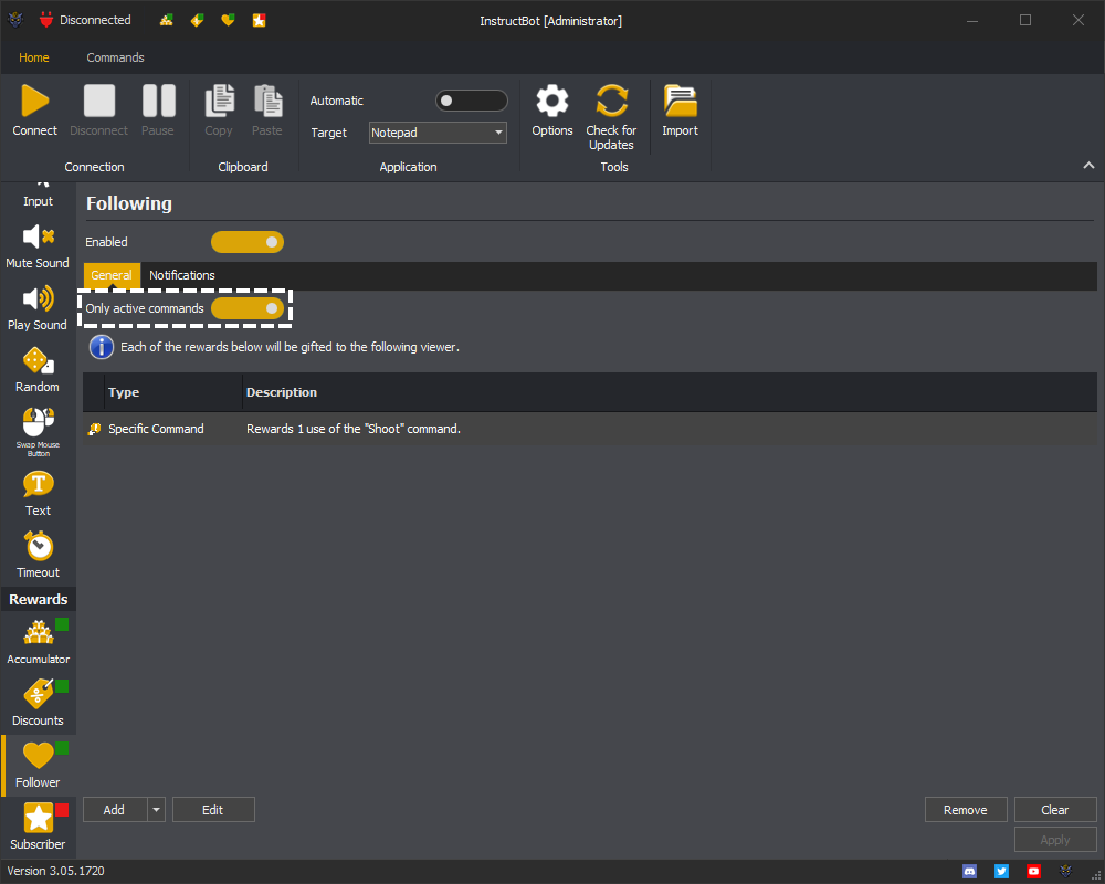 Example showing the only active commands setting for the follower reward in InstructBot.